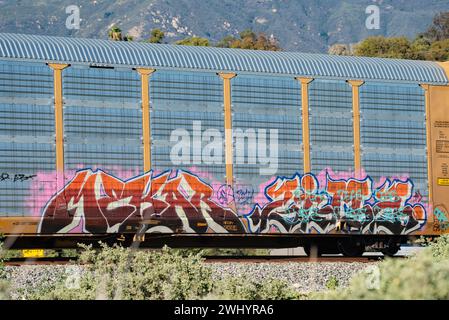 Graffiti, train de fret, Santa Barbara, Art urbain, Street Art, coloré, voitures de train, chemin de fer, Art graffiti, paysage urbain, art public Banque D'Images