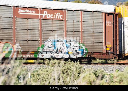 Graffiti, train de fret, Santa Barbara, Art urbain, Street Art, coloré, voitures de train, chemin de fer, Art graffiti, paysage urbain, art public Banque D'Images