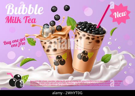 Boisson Boba. Thé au lait à bulles avec perles de tapioca, annonce de boisson asiatique, publicité commerciale délicieuse. Boisson sucrée froide d'été dans des verres à emporter. Conception de bannière pour café. Illustration vectorielle 3D. Illustration de Vecteur