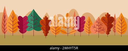 Affiche d'automne. Paysage forestier. Feuillage de chêne et d'érable. Bouleau orange. Flore de la saison d'automne. Plantes plates simples. Panorama automnal. Paysage boisé sauvage. Red rowan. Environnement naturel. Arrière-plan vectoriel Illustration de Vecteur