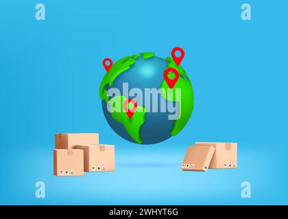 Carte du monde 3D. Logistique de magasin et livraison globale. Navigation dans le globe. Planète Terre. Suivi de colis international ou expédition d'adresse. Broches de localisation GPS. Boîtes de rendu. Expédition express. Arrière-plan vectoriel Illustration de Vecteur