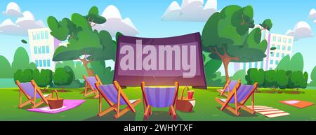 Cinéma en plein air dans le parc de la ville d'été. Illustration de dessin animé vectoriel de l'espace de détente extérieur dans le jardin public avec écran de cinéma, chaises longues, paniers de pique-nique sur la pelouse, paysage urbain moderne avec gratte-ciel Illustration de Vecteur