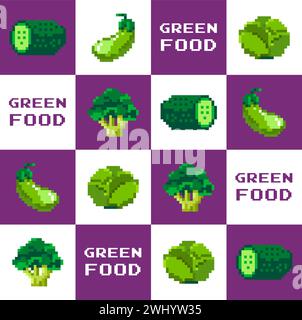 Courgettes et concombres, chou et brocoli pixel réduit Légumes pixelisés et alimentation saine, produits biologiques et naturels. Savoureux et nutritif Illustration de Vecteur