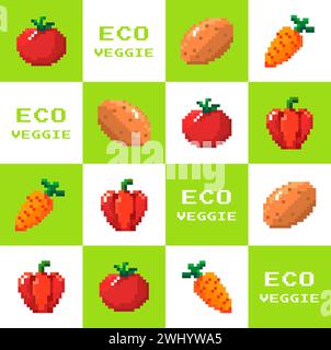 Légumes biologiques de ferme écologique. Légumes écologiques pixellisés, pommes de terre et tomates, carottes et poivrons. Savoureux, régime naturel et détox. RIC Illustration de Vecteur