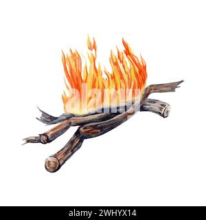 Clipart de feu de camp. Élément de conception de camping pour l'aventure, tourisme, tourisme, plein air, camping, 4x4, illustration d'aquarelle hors route sur fond blanc Banque D'Images