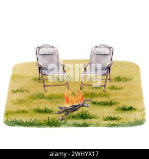 Composition de camping de deux chaises pliantes, feu de camp sur fond herbeux. Pour les impressions de voyage, les cartes, illustration aquarelle de conception sur fond blanc Banque D'Images