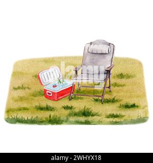 Composition de camping d'une chaise pliante et d'une glacière sur fond herbeux. Illustration aquarelle sur fond blanc pour les impressions et les dessins Banque D'Images