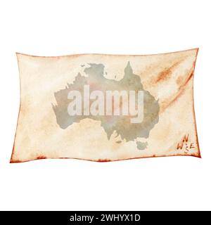 Carte australienne dessinée à la main sur papier vieilli. Elément topographique d'un continent. Pour les impressions touristiques ou de voyage illustration d'aquarelle sur fond blanc Banque D'Images