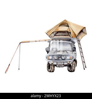 Élément de composition de camping avec 4x4 voiture tout terrain, auvent et tente de toit avec une échelle. Illustration aquarelle sur fond blanc Banque D'Images