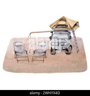 Composition de camping avec voiture 4x4 hors route, auvent, deux chaises pliantes et tente sur le toit avec une échelle. Illustration aquarelle sur fond blanc Banque D'Images