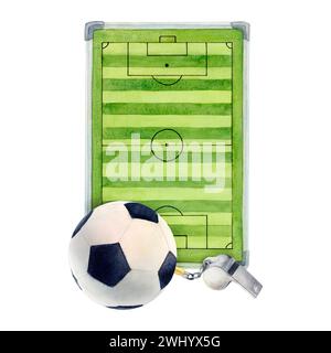 Dessin aquarelle de terrain de football américain. Boule de pentagone ligne verte. Equipe de train d'équipement sportif. Sifflet du juge du diagramme de correspondance Banque D'Images