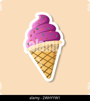Illustration d'autocollant de crème glacée. Corne, gaufre, crème, garniture. Conception graphique vectorielle modifiable. Illustration de Vecteur
