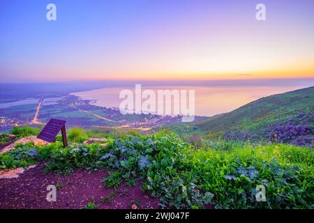 Arbel, Israël - 09 février 2024 : heure bleue (avant le lever du soleil) vue sur la mer de Galilée, depuis le mont Arbel (côté ouest). Nord d'Israël Banque D'Images