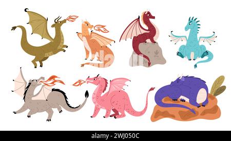 Dragons de conte de fées. Animaux magiques respirant le feu. Créatures ailées mythologiques sur pierres. Reptiles volants fantastiques avec des ailes. Lézards mythiques. Jambe Illustration de Vecteur