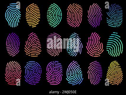 Empreintes digitales dégradées. Identification numérique de différentes couleurs. Vérification biométrique unique. Analyse de sécurité. Détection de marques de doigts. Authentifier l'ID Illustration de Vecteur