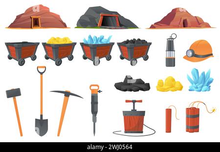 Outils d'extraction de dessins animés et chariots en bois. Ressources naturelles. Explosifs avec détonateur. Or et charbon dans les chariots. Entrée du tunnel. Minéral souterrain. Illustration de Vecteur