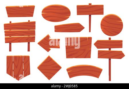 Planches en bois. Panneaux routiers rustiques rétro. Panneaux d'affichage vides antiques. Panneaux de signalisation de planches de dessin animé. Bannières de panneau texturé vintage. Guides d'information. A Illustration de Vecteur