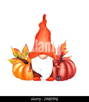 Illustration aquarelle gnome d'automne mignon avec des citrouilles et des feuilles. Motif carte de Thanksgiving ou de la fête de la récolte Banque D'Images