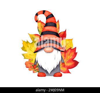 Illustration aquarelle gnome mignon avec des feuilles d'automne. Motif carte de Thanksgiving ou de la fête de la récolte Banque D'Images