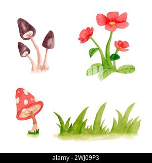 Champignons, fleurs, vert. Ensemble aquarelle isolé sur fond blanc Banque D'Images