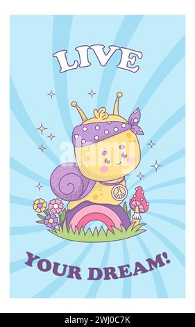 Drôle groovy personnage hippy escargot. Insecte mignon comique sur arc-en-ciel dans un style rétro. Illustration vectorielle à la mode. Affiche lumineuse verticale cool avec slogan i Illustration de Vecteur