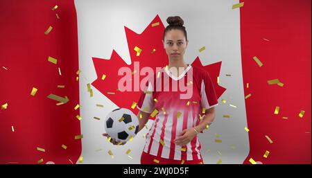 Image d'une joueuse de soccer biraciale au-dessus du drapeau du canada Banque D'Images