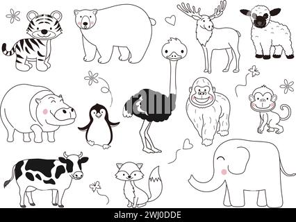 Animaux de dessins animés mignons dessinés à la main illustration vectorielle ensemble isolé sur Un fond blanc. Illustration de Vecteur