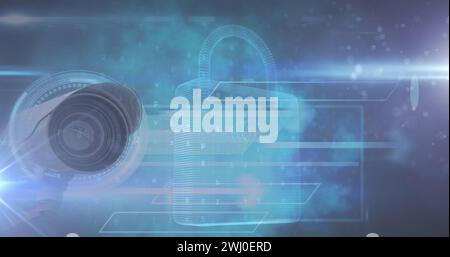 Image de cadenas de sécurité numérique en ligne avec réseau de connexions sur fond bleu Banque D'Images