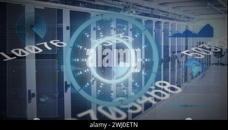 Image de la numérisation de l'oscilloscope et des numéros changeant dans la salle technique avec des serveurs informatiques Banque D'Images