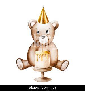 Ours en peluche de dessin animé mignon à l'aquarelle avec anniversaire doré, chapeau de vacances et gâteau avec bougie dorée sur un stand en bois. Illustration de bébé dessinée à la main isoler Banque D'Images