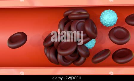 le rendu 3d de l'agglutination ou de l'hémagglutination, est une réponse immunitaire lorsque les érythrocytes s'agglutinent ensemble. Il se produit lorsque les érythrocytes rencontrent la toxine Banque D'Images