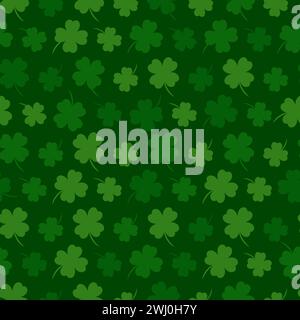 Trèfle à quatre feuilles, modèle sans couture. Symbole de bonne chance. Heureux Patricks Day. Magie, traditions religieuses. Illustration botanique verte monochrome Illustration de Vecteur