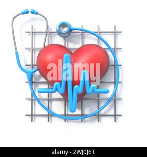 Ligne de cardiogramme avec stéthoscope et cœur rouge 3D. Banque D'Images