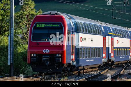 Eine Zürcher S-Bahn SBB re 450 der Linie 9 ist unterwegs nach Schhaffhausen. Hier gerade BEI der Einfahrt in den Bahnhof Hüntwangen-Wil im Kanton Züri Banque D'Images