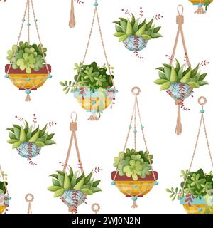 Motif sans couture. Plante d'intérieur et plante macramée poussant dans des pots. Ensemble de décorations de maison faites à la main plantes macramé isolé sur fond blanc. Dessin animé Illustration de Vecteur