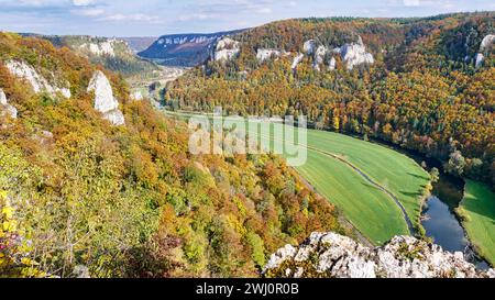 Vue depuis le sentier de randonnée premium des vagues du Danube (Eichfelsen Panorama) dans la vallée du Danube et Wer Banque D'Images