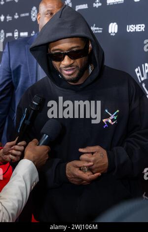 Las Vegas, États-Unis. 12 février 2024. Usher assiste au Flipper's Roller Boogie Palace Big Game After Party au encore Beach Club dans le Wynn à Las Vegas, Nevada, le dimanche 11 février 2024, lors du Super Bowl. (Travis P Ball/Sipa USA) crédit : Sipa USA/Alamy Live News Banque D'Images