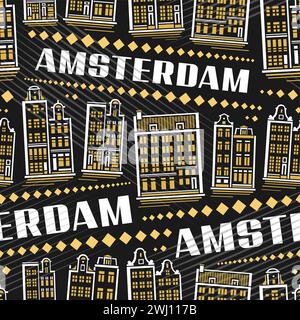 Vecteur Amsterdam Seamless Pattern, fond carré répétitif avec illustration du célèbre paysage de ville européen d'amsterdam sur fond sombre, decorativ Illustration de Vecteur