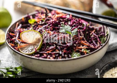 Salade asiatique de chou rouge et carottes assaisonnée de coriandre et de sésame. Banque D'Images