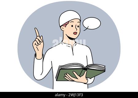 Homme arabe en coiffures traditionnelles lisant du Coran. Un homme musulman fait un discours tenant Quran entre les mains. Concept de religion et de foi. Illustration vectorielle. Illustration de Vecteur