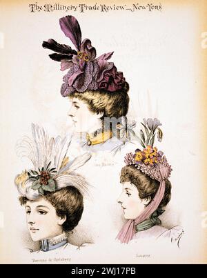 Tirage vintage plaque de mode montrant trois portraits de buste de Jane Harding, Baronne de Carlsberg et Suzanne, actrices au théâtre gymnase, Paris, portant des chapeaux dessinés dans l'établissement parisien de Madame Carlier.1897 Banque D'Images