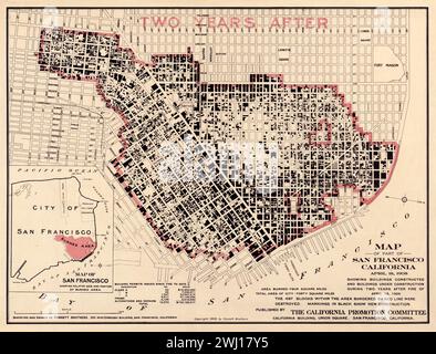 Carte des dommages globaux du grand tremblement de terre de San Francisco de 1906 montrant la zone touchée et les dommages deux ans après Banque D'Images