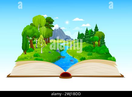Cartoon livre ouvert avec lac, rivière ou étang, prairie verte et forêt, paysage de nature vectorielle. Roche de montagne et rivière dans la vallée forestière d'été sur les pages de livre pour l'histoire de conte de fées ou le fond de jeu Illustration de Vecteur