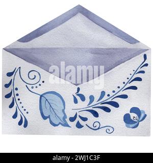 Enveloppe aquarelle rétro ouverte avec ornement fleurs bleues isolées sur fond blanc. Elément de design peint à la main Banque D'Images