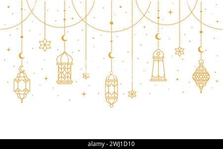 Ramadan Kareem et Eid Moubarak lampes arabes lanternes décorations, fond vectoriel. Ornement musulman de vacances islamiques d'étoiles dorées, croissant de lune et lampes lanternes suspendues pour saluer Ramadan Kareem Illustration de Vecteur