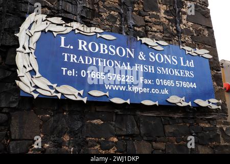 Panneau extérieur Craster Fish Smoking Firm, L. Robson & sons Ltd, Craster, Northumberland Banque D'Images