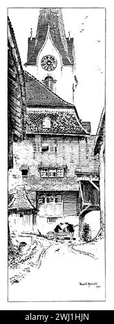 1901 illustration topographique de Magelsburg (Mogelsburg) Suisse, par l'illustrateur anglais Donald Maxwell Banque D'Images