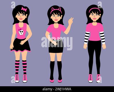 Dessins animés adolescentes emo ou punk. Jeunes femmes aux cheveux noirs portant une mini jupe, t-shirt avec crâne, bandeau de chat, pantalons, baskets, montrez le signe de paix. Illustration de Vecteur