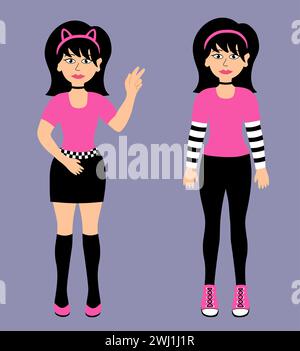 Dessin animé deux adolescentes emo. Jeunes femmes aux cheveux noirs portant une mini jupe, bandeau pour chat, pantalon, baskets. Y2K 2000s style. Noir et rose. Vecteur Illustration de Vecteur