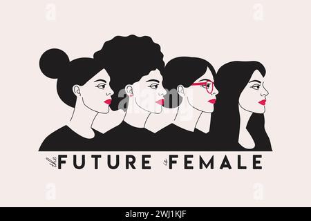 L'avenir est l'illustration féminine avec un groupe de divers personnages féminins se tiennent ensemble. Journée internationale de la femme, 8 mars. Autonomisation des femmes Concepp Illustration de Vecteur